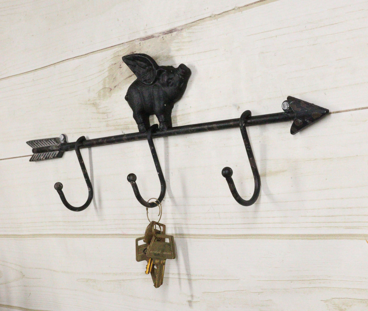 Cast Iron Rustic Farmhouse When Pigs Fly Angel Pig With Arrow 3-Peg Wall Hooks