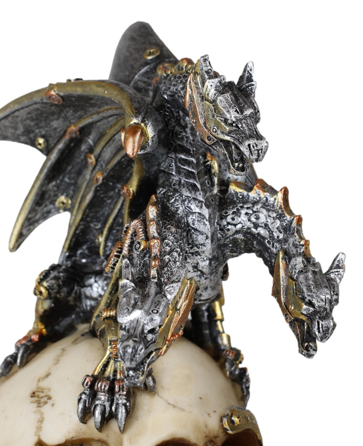 Steampunk Cyborg Skull with Perching Robotic Silver Hydra Dragon Figurine