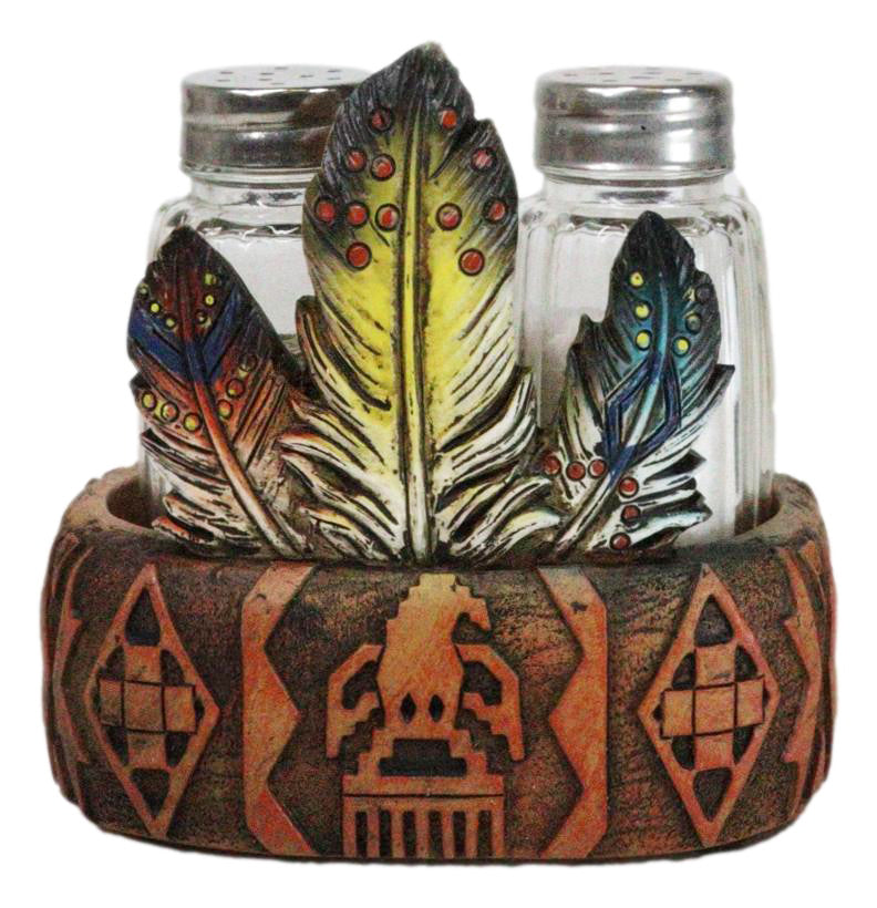 Southwestern Native American Indian Eagle Feathers Glass Salt Pepper Shakers Set