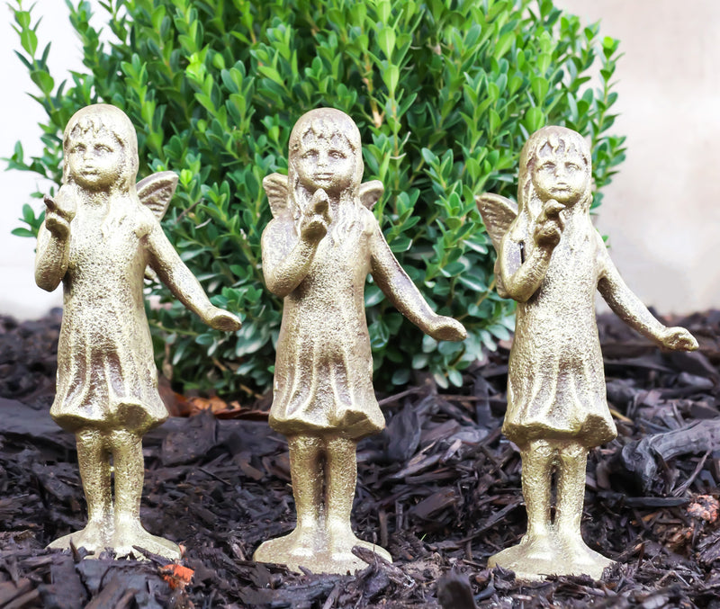 Set Of 3 Cast Iron Rustic Enchanted Fantasy Girl Fairy Pixie With Bird Figurines