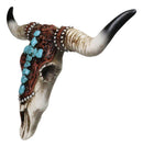 Southwest Steer Cow Skull With Turquoise Cross Tooled Leather Motif Wall Decor