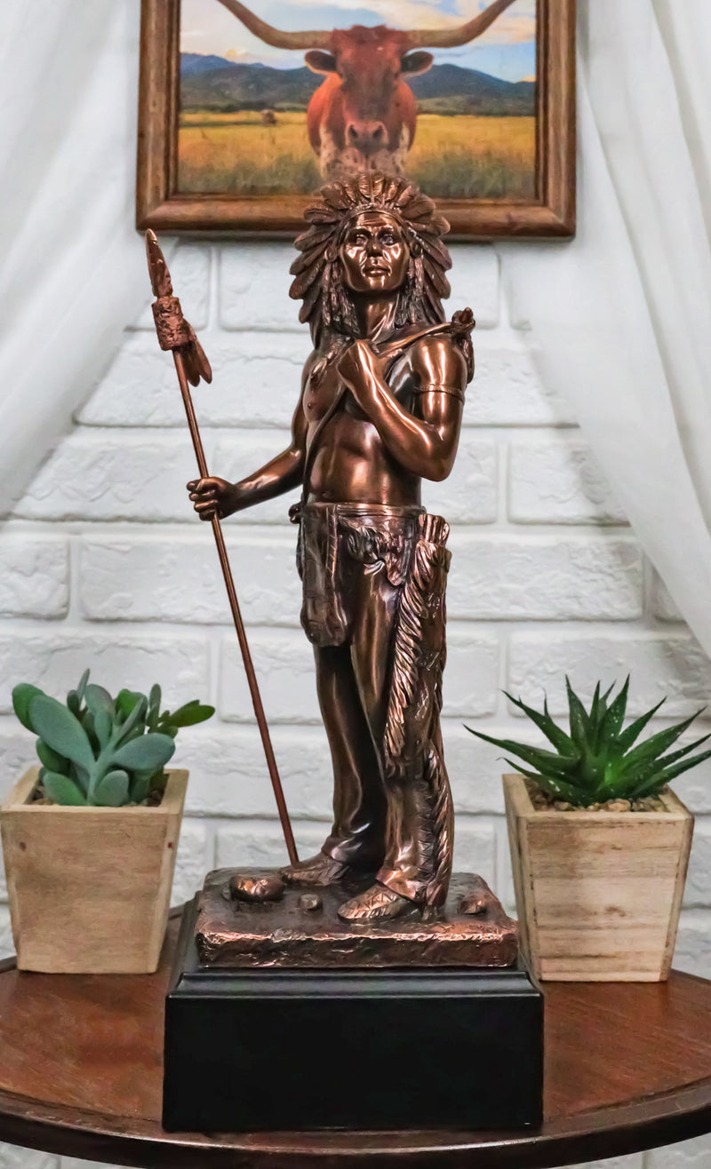 Indian Chief Hero With Spear Hunter Electroplated Bronze Figurine With Base