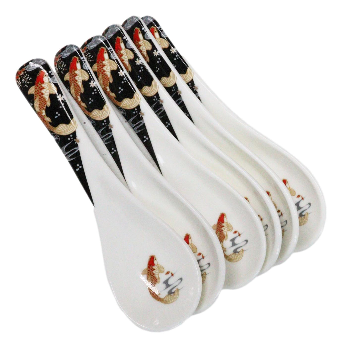 Set of 6 Japanese Koi Fish Porcelain Asian Soup Spoons Japanese Ramen Pho Wonton