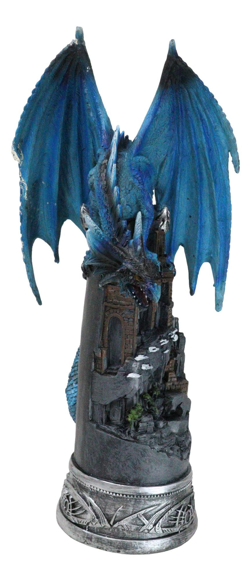 Blue Elemental Ice Dragon Perching On Medieval Stonewall Castle Tower Figurine