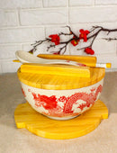 Red Ryu Dragon Design Donburi Ramen Bowl With Lid Trivet Spoon Chopsticks Set