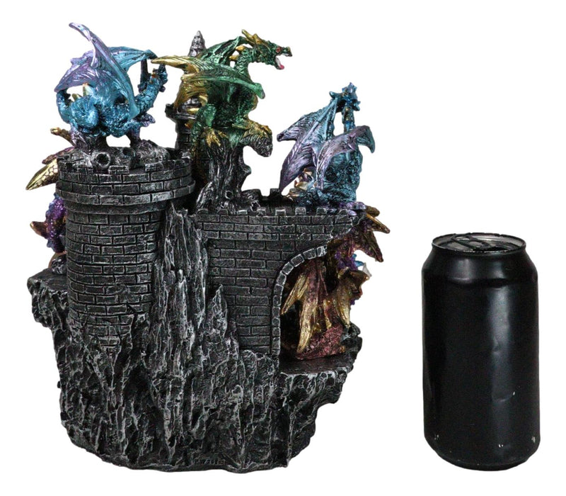 Medieval Colorful 12 Mini Dragons On Mountain Stonewall Castle Display Stand Set