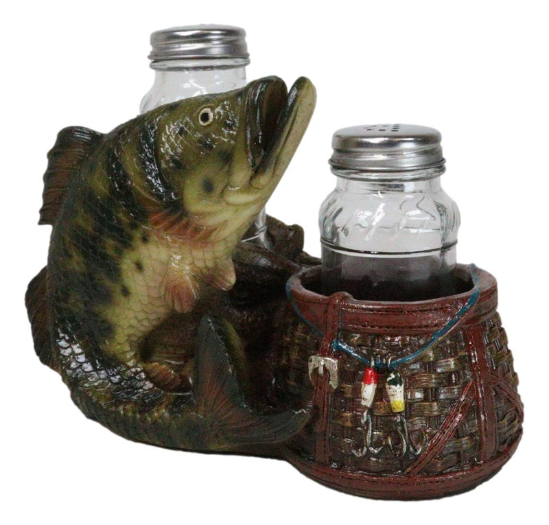 Nautical Fisherman Sea Bass Fishing With Wicker Bags Salt Pepper Shakers Holder