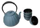 Blue Vertical Lines Design Tetsubin Cast Iron Teapot 33oz And 4 Tea Cups Set