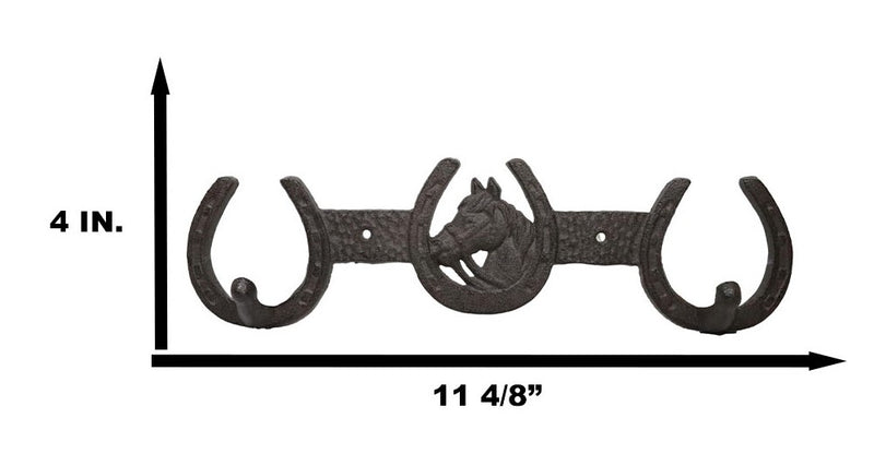Rustic Western Horse Head With 3 Horseshoes Lucky Charm Double Wall Coat Hook