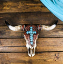 Southwest Steer Cow Skull With Turquoise Cross Tooled Leather Motif Wall Decor