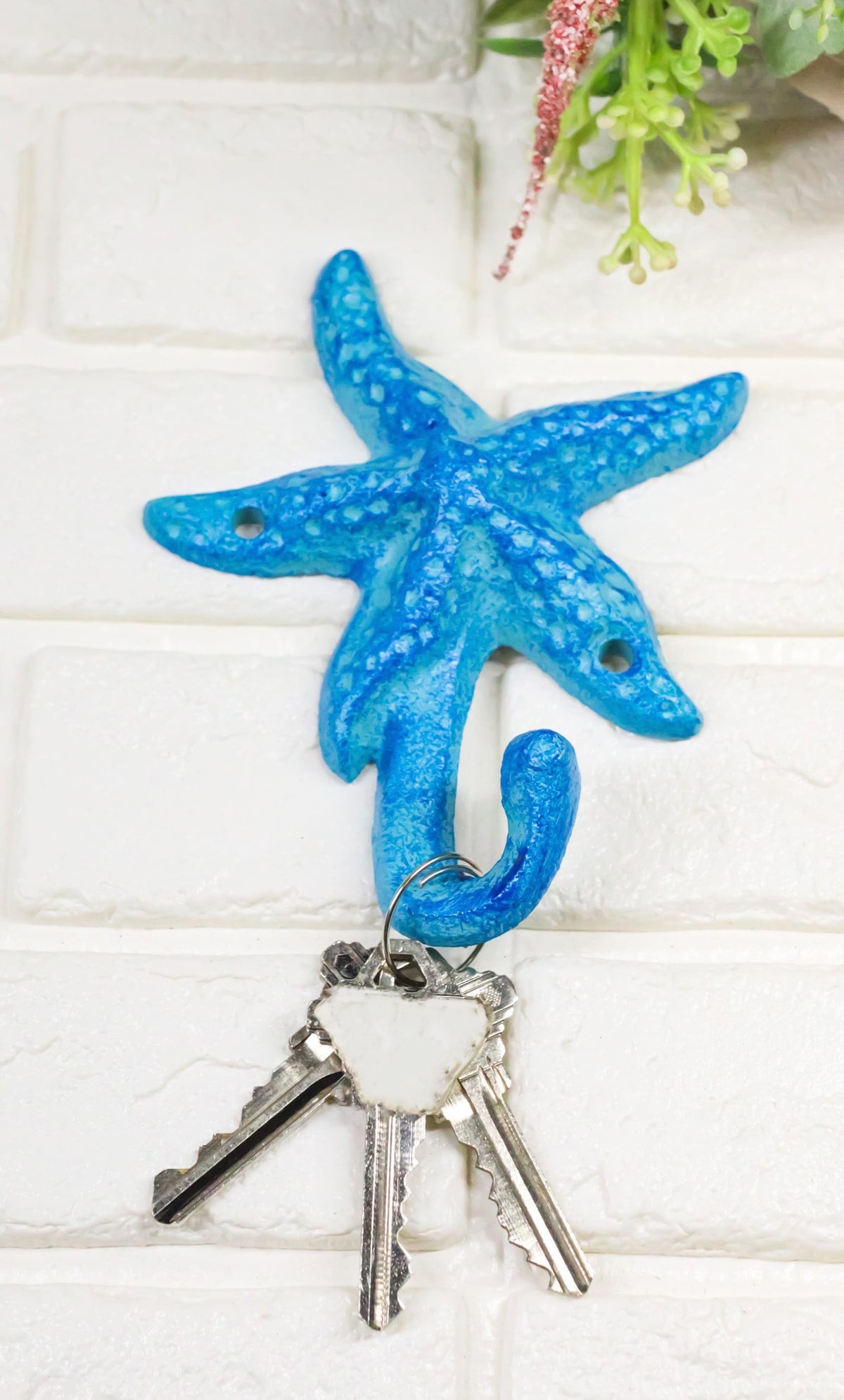 Pack Of 4 Cast Iron Rustic Blue Starfish Sea Stars Wall Hanger Coat Towel Hooks - Ebros Gift