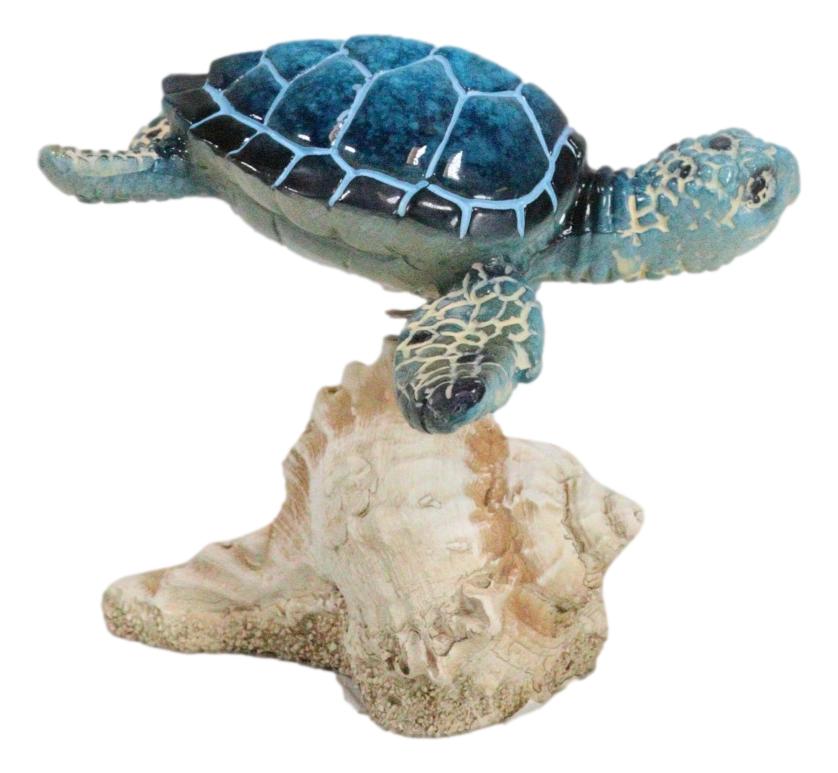 Ocean Marine Blue Sea Turtle Swimming Over Conch Shell Spring Bobble Figurine