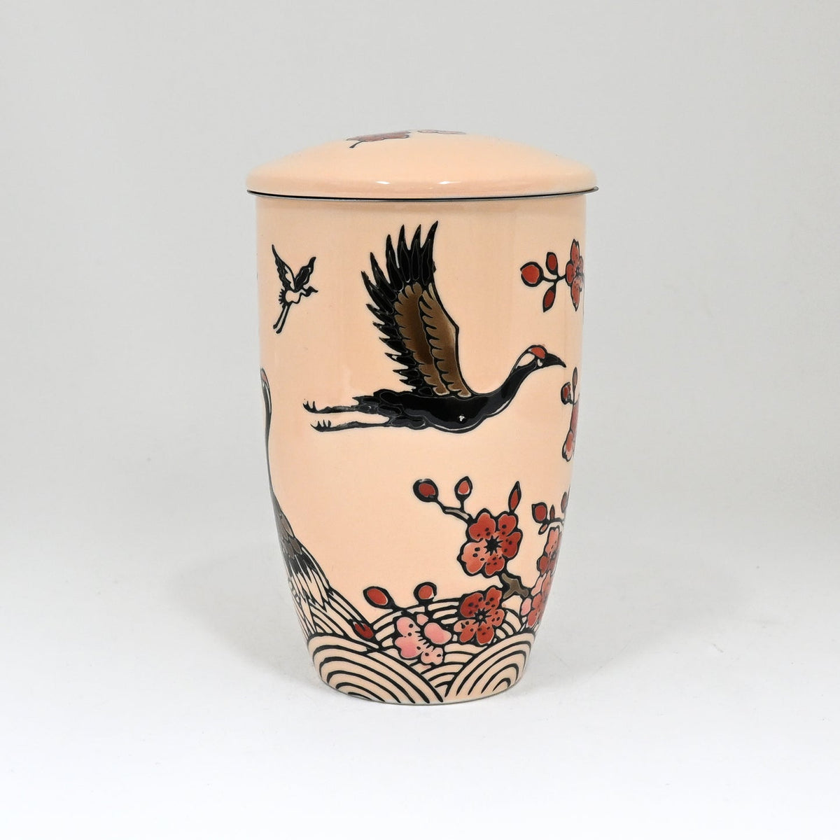Beige Crane Flowers 15oz Porcelain Tea Mug With Lid And Stainless Steel Infuser