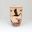 Beige Crane Flowers 15oz Porcelain Tea Mug With Lid And Stainless Steel Infuser
