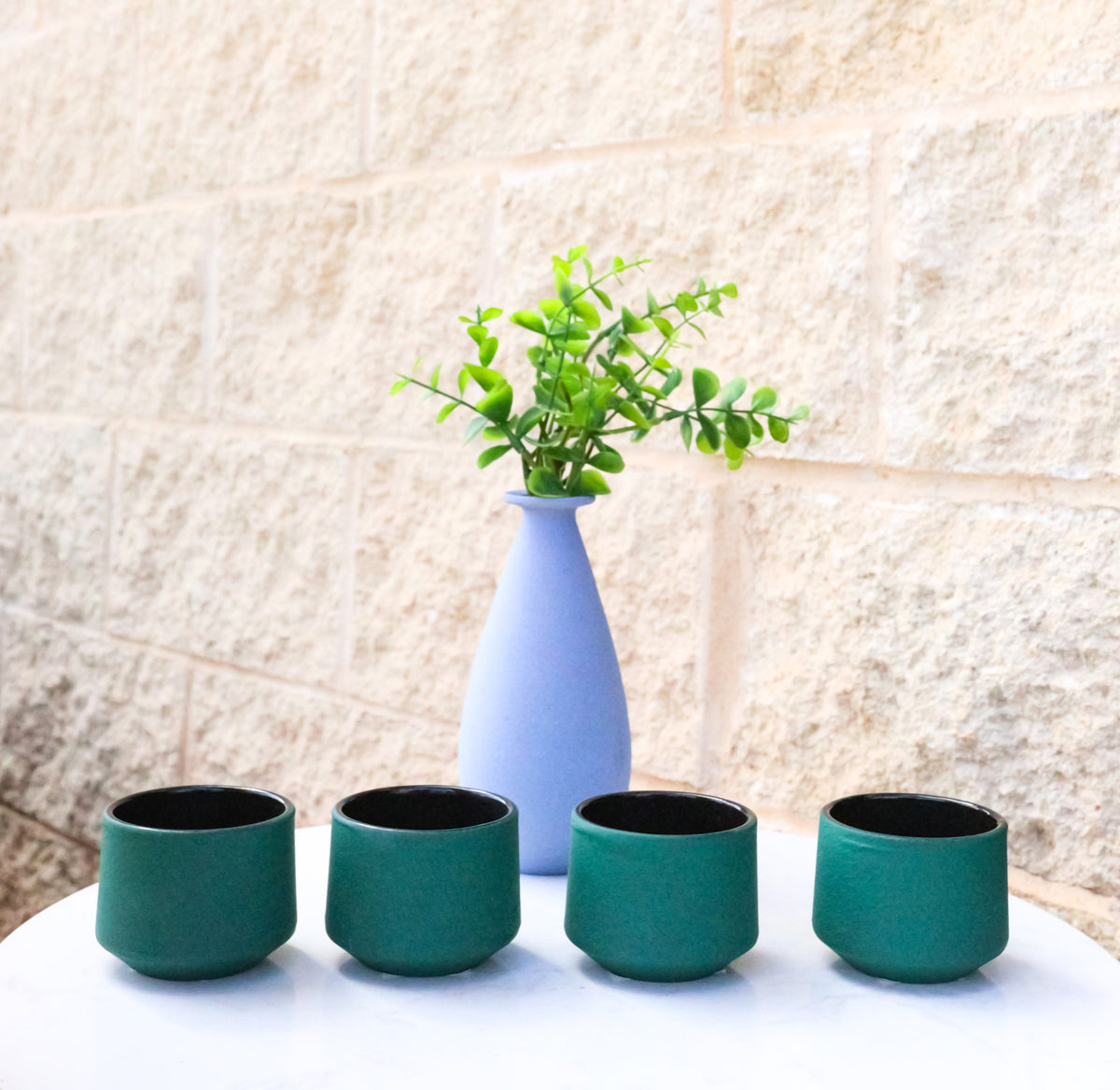 Green Modern Cylindrical Japanese Tetsubin Style Cast Iron Tea Cups Set of 4