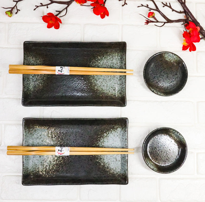 Hakumu Grey Porcelain Sushi Plates Sauce Dishes Chopsticks Dinnerware Set For 2