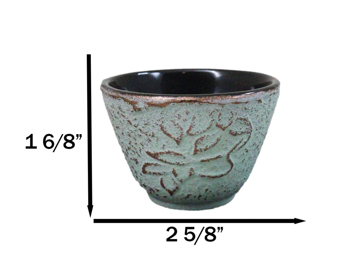 Pack Of 4 Seafoam Green Floral Petals Cast Iron Tetsubin Textured Tea Cups 3oz