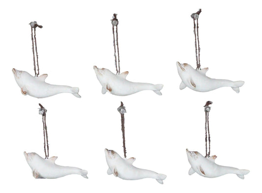 Set Of 6 Antique White Dolphins Ocean Marine Wall Hanging Decor Tree Ornaments