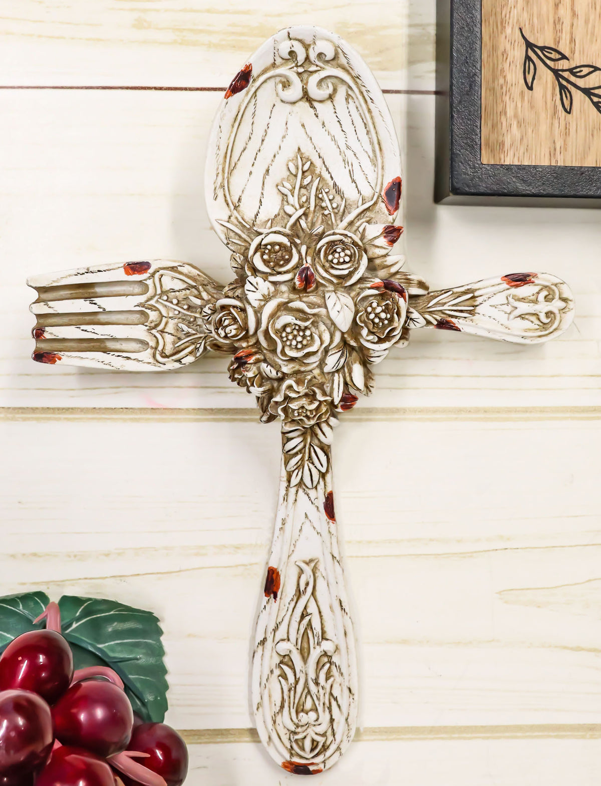 Rustic Vintage Faux Distressed Wood Spoon And Fork Tooled Flowers Wall Cross