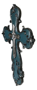 Southwest Rustic French Fleur De Lis Scroll in Turquoise Layered Wall Cross