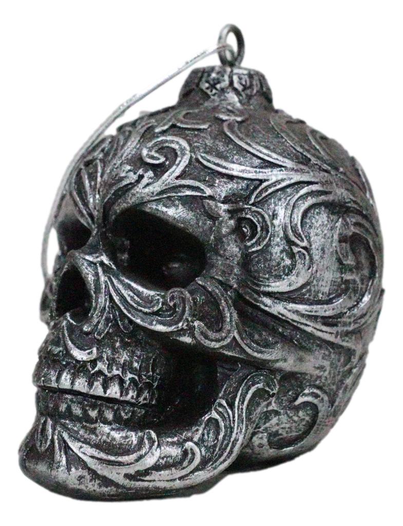 Set of 4 Day Of The Dead Faux Gunmetal Silver Tribal Tattoo Skull Tree Ornaments