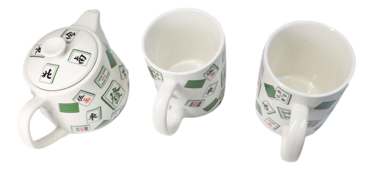 Green White Chinese Mahjong Tiles Ceramic Tea Pot 15oz And 2 Cup Mugs 11oz Set