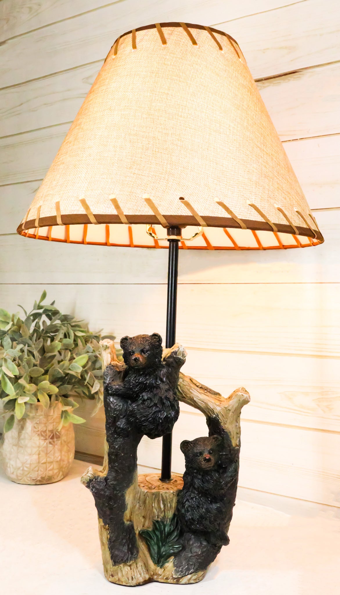 Rustic Western Whimsical Forest Playful Black Bear Cubs Climbing Tree Table Lamp