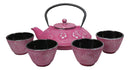 Magenta Ume Plum Floral Blossoms Tetsubin 27oz Cast Iron Tea Pot With 4 Cups Set