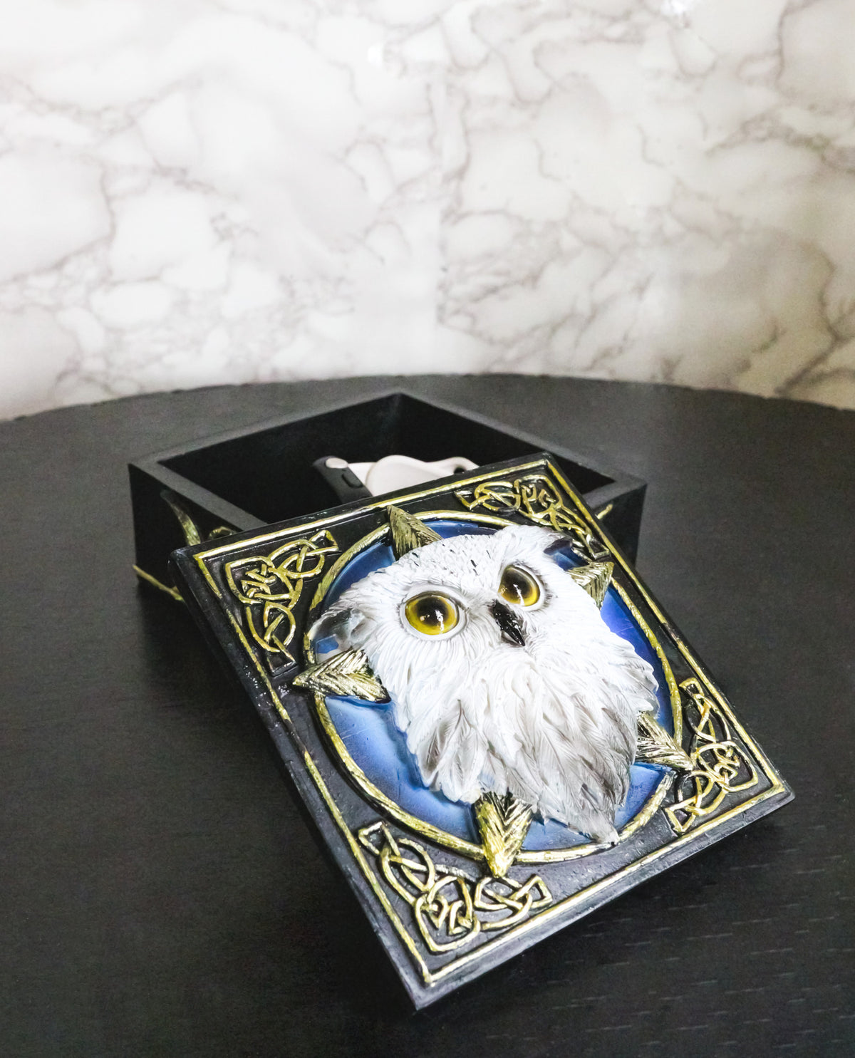 Snowy Owl Trinket Box, 5 x 5 Inch Decorative Keepsake Box with Celtic Knotwork