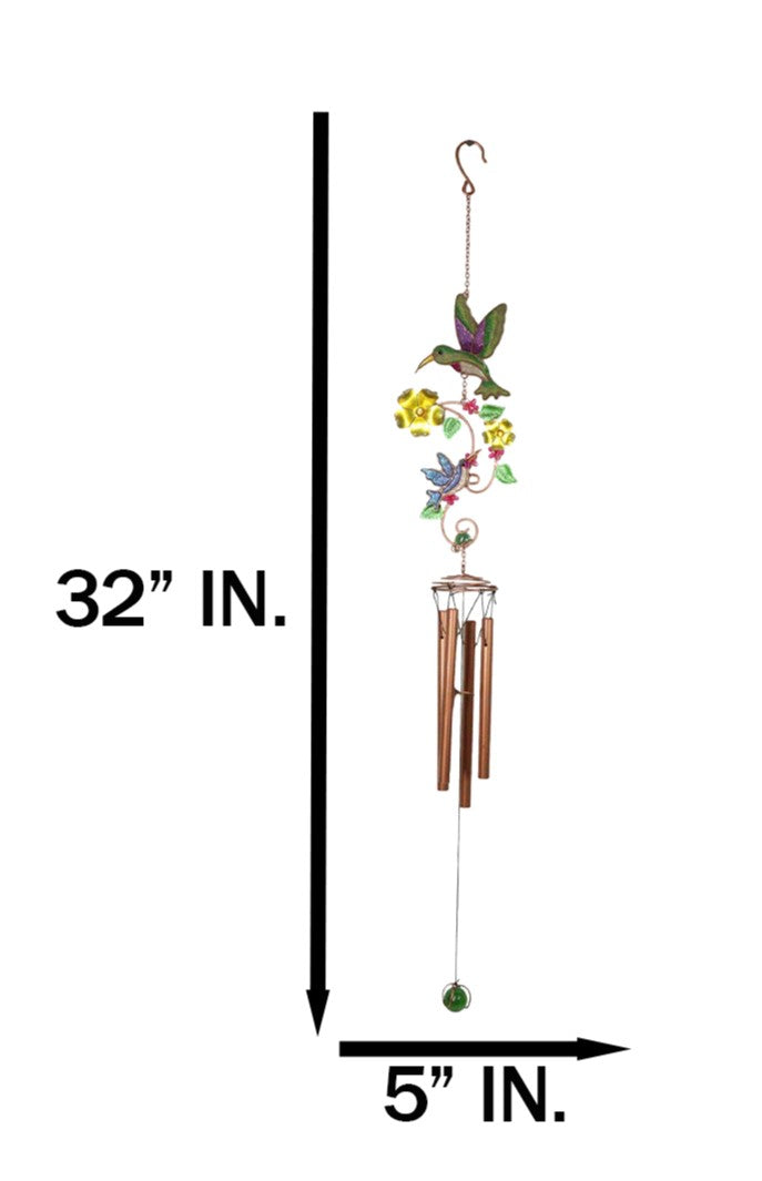 Hummingbirds Hovering Over Nectar Flowers Art Glass Gemstones Metal Wind Chime