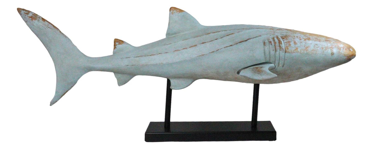 Large Nautical Marine Whale Shark Faux Wood Sculpture On Black Stand 37" Long