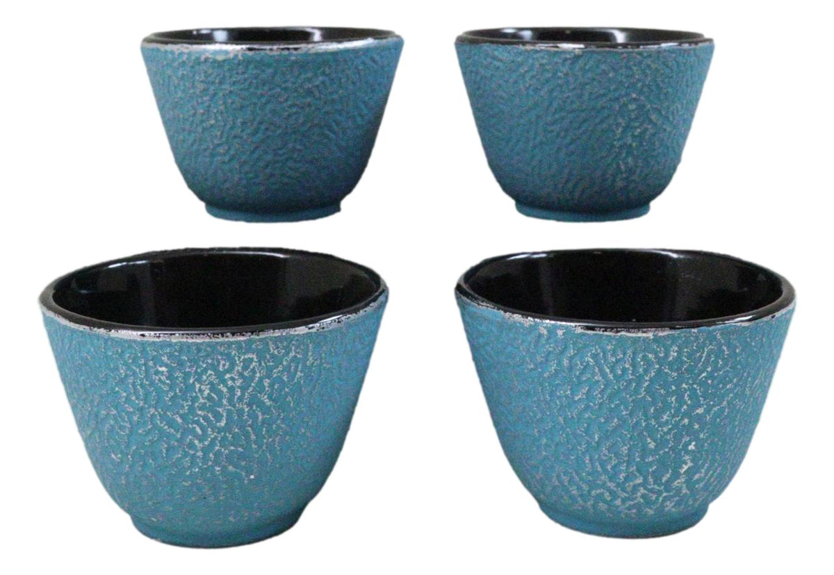 Pack Of 4 Sky Blue Traditional Cast Iron Tetsubin Textured Surface Tea Cups 3oz