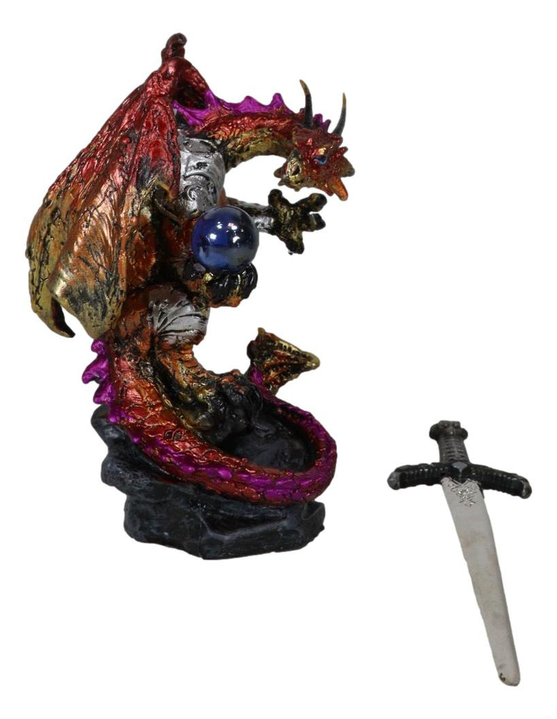 Red Metallic Fire Knight Dragon With Orb and Gothic Sword Letter Opener Figurine