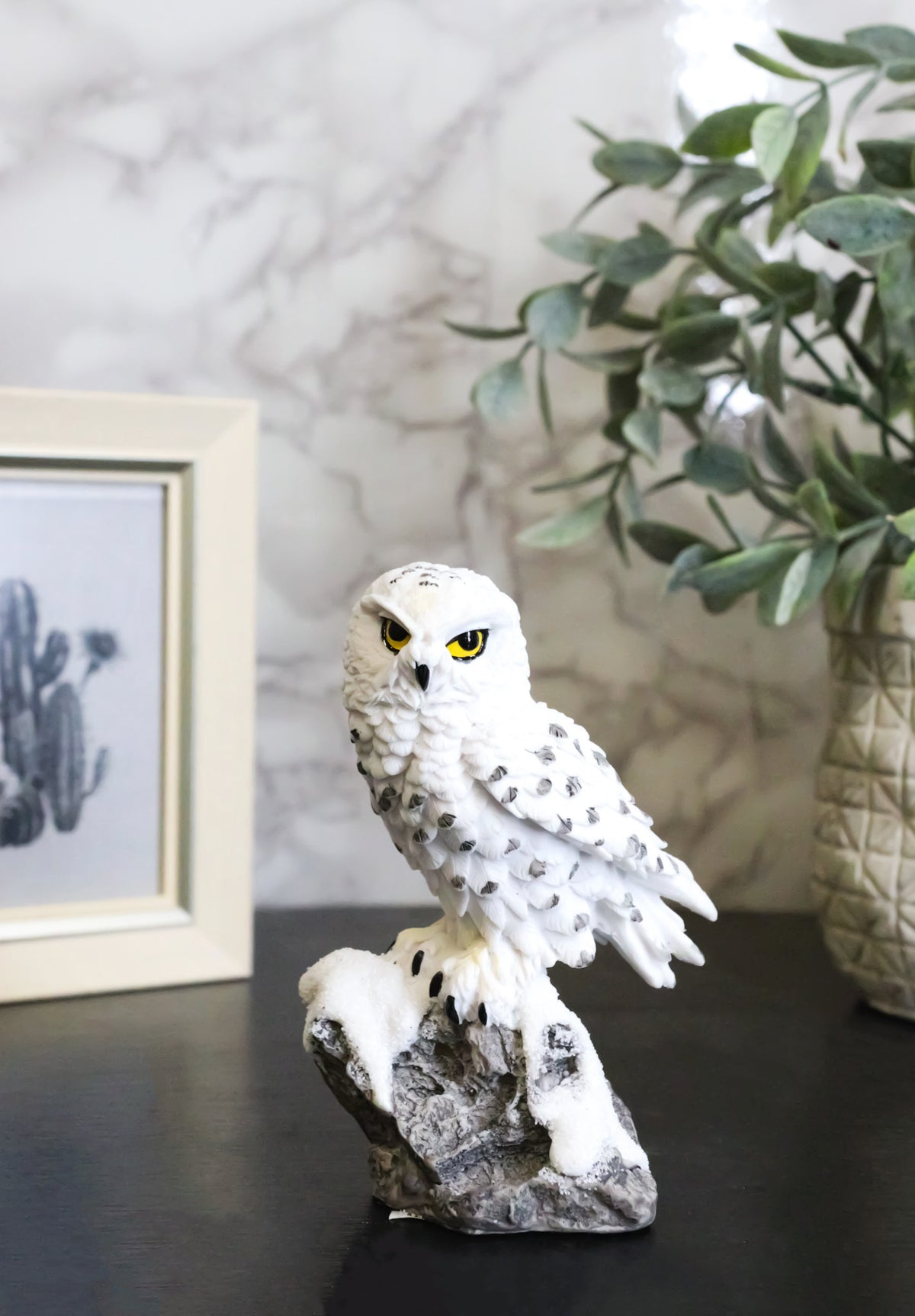 Tundra Forest Lone Snow White Owl Perching On Tree Branch Figurine 5"H