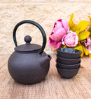 Round Dark Brown Textured Petite Cast Iron Teapot 10oz With 4 Mini Tea Cups Set