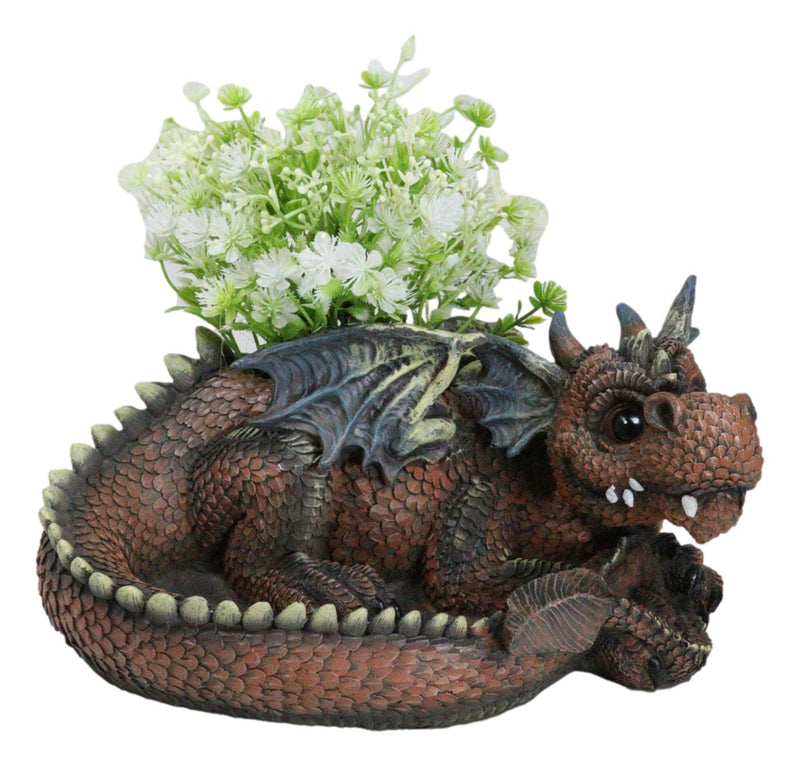Snuggling Cozy Red Fire Dragon At Rest Planter Pot Garden Decor Figurine 11.25"L
