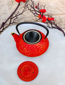 Red And Gold Traditional Ginko Tetsubin Medium Cast Iron Teapot 28oz Tea Pot