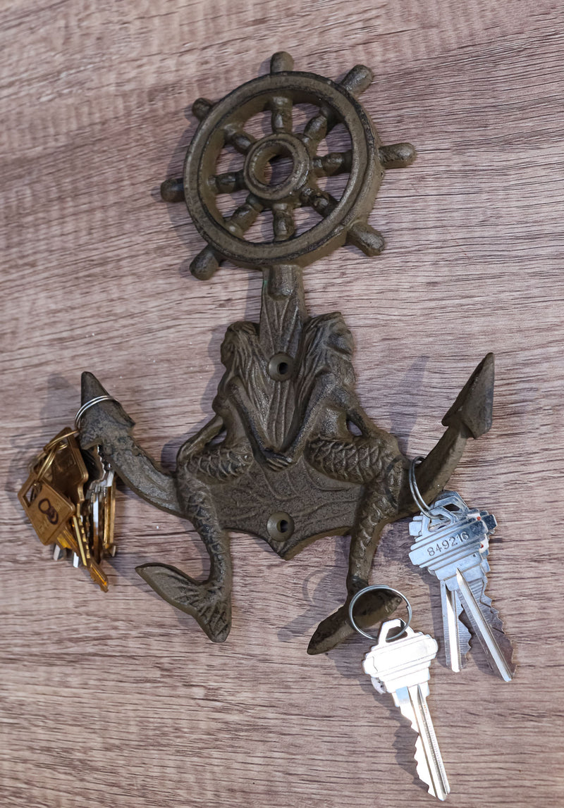 Cast Iron Rustic Nautical Mermaids On Ship Anchor And Helm Double Wall Hooks