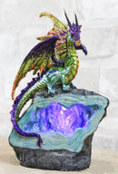 Green Purple and Gold Earth Dragon On LED Faux Geode Crystals Rock Figurine