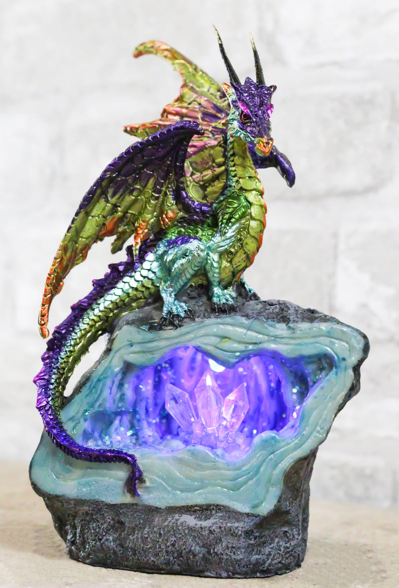 Green Purple and Gold Earth Dragon On LED Faux Geode Crystals Rock Figurine