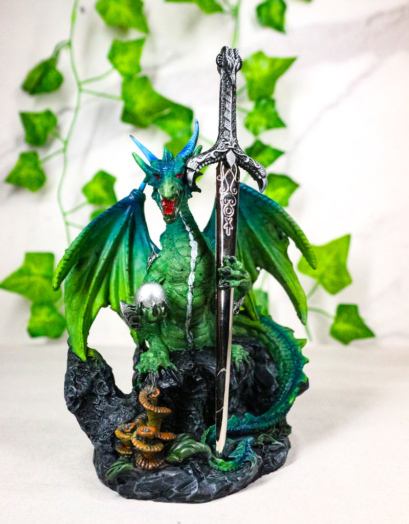 Green Dragon Holding Silver Orb And Draconian Sword Letter Opener Figurine