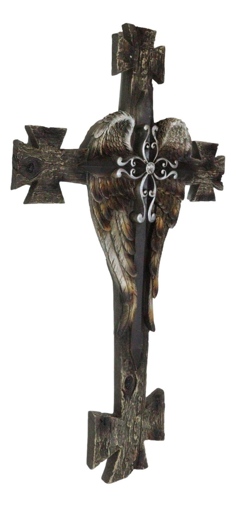 Black Biker Iron Cross With Angel Wings Layered Faux Wooden Wall Cross Plaque