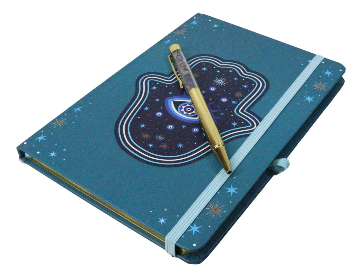 Ebros Gift Hand of Hamsa Evil Eye A5 Notebook Journal with Crystal Pen