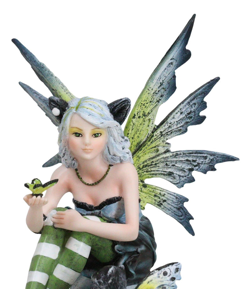 Feline Fairy In Green White Striped Leggings With Black Fae Winged Cat Figurine