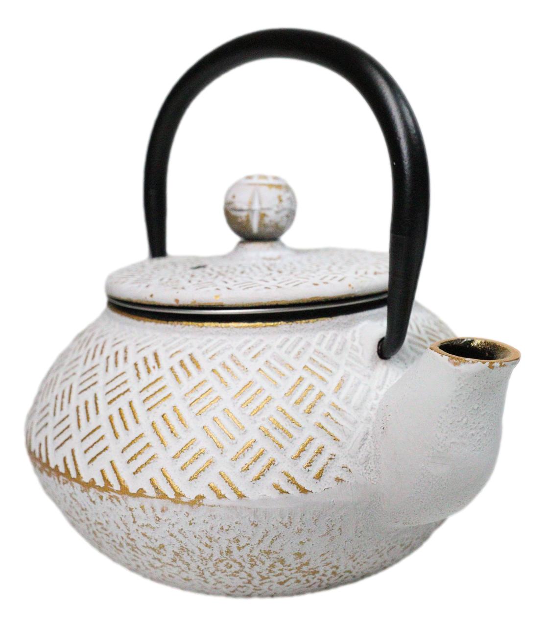 Rustic White Tokusa With Gold Patterns Petite Cast Iron Teapot 10oz Tea Pot
