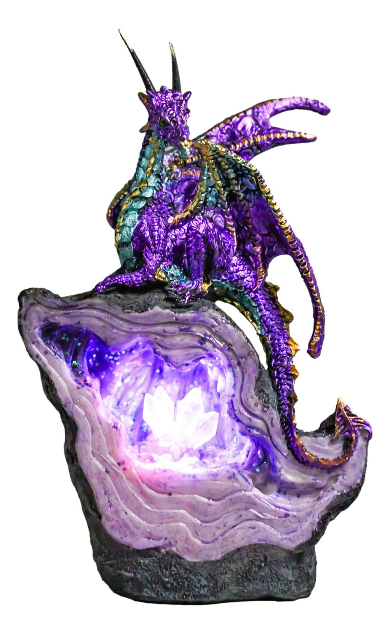 Metallic Purple Midnight Dragon On LED Light Faux Geode Crystal Rock Figurine