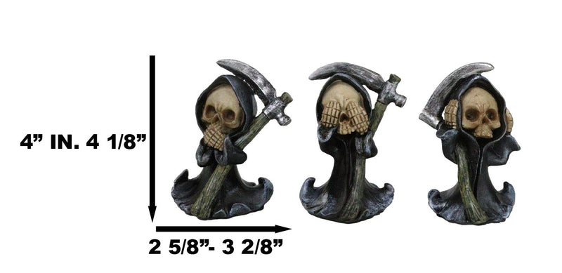 Set Of 3 See Speak And Hear No Evil Grim Reaper Skeleton With Scythe Figurines