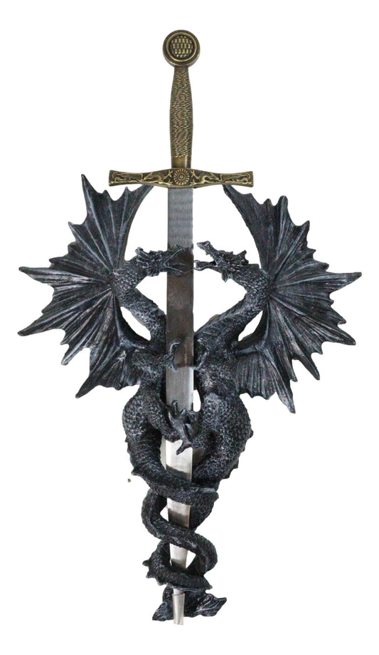 Gothic Fantasy Double Dragon Wall Decor Plaque With Medieval Sword 14" Tall