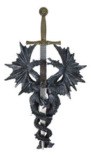 Gothic Fantasy Double Dragon Wall Decor Plaque With Medieval Sword 14" Tall