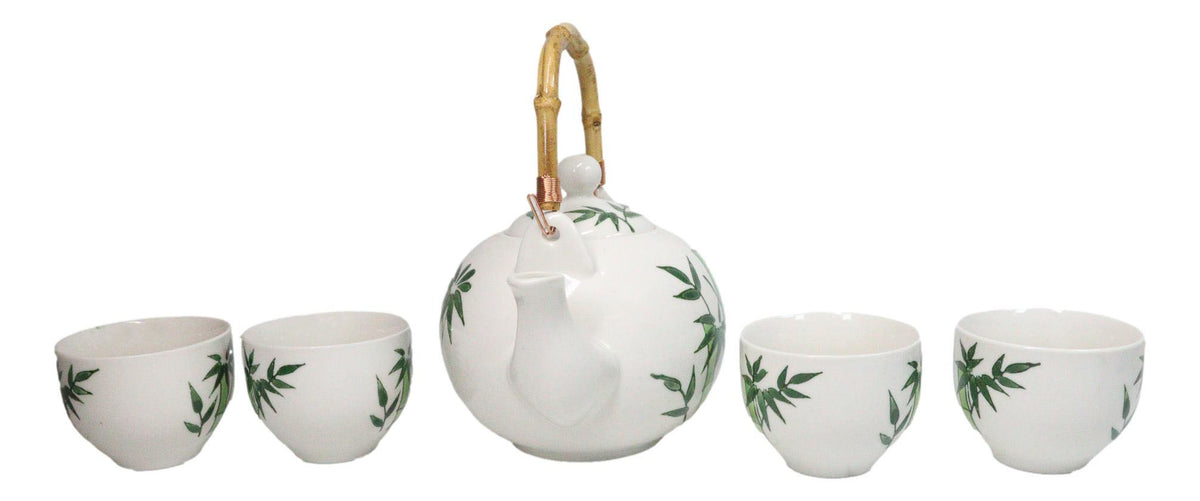 Green Bamboo Forest Porcelain 30oz Teapot With Bamboo Handle And 4 Tea Cups Set